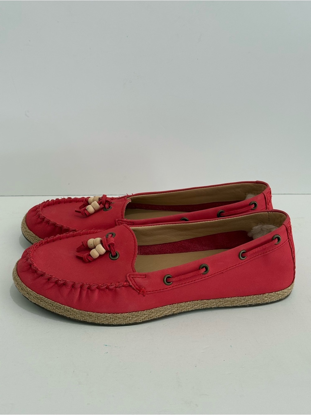 NWOT UGG Chivon Coral Red Leather Moccasin w/Jute-Wrapped Sole -7